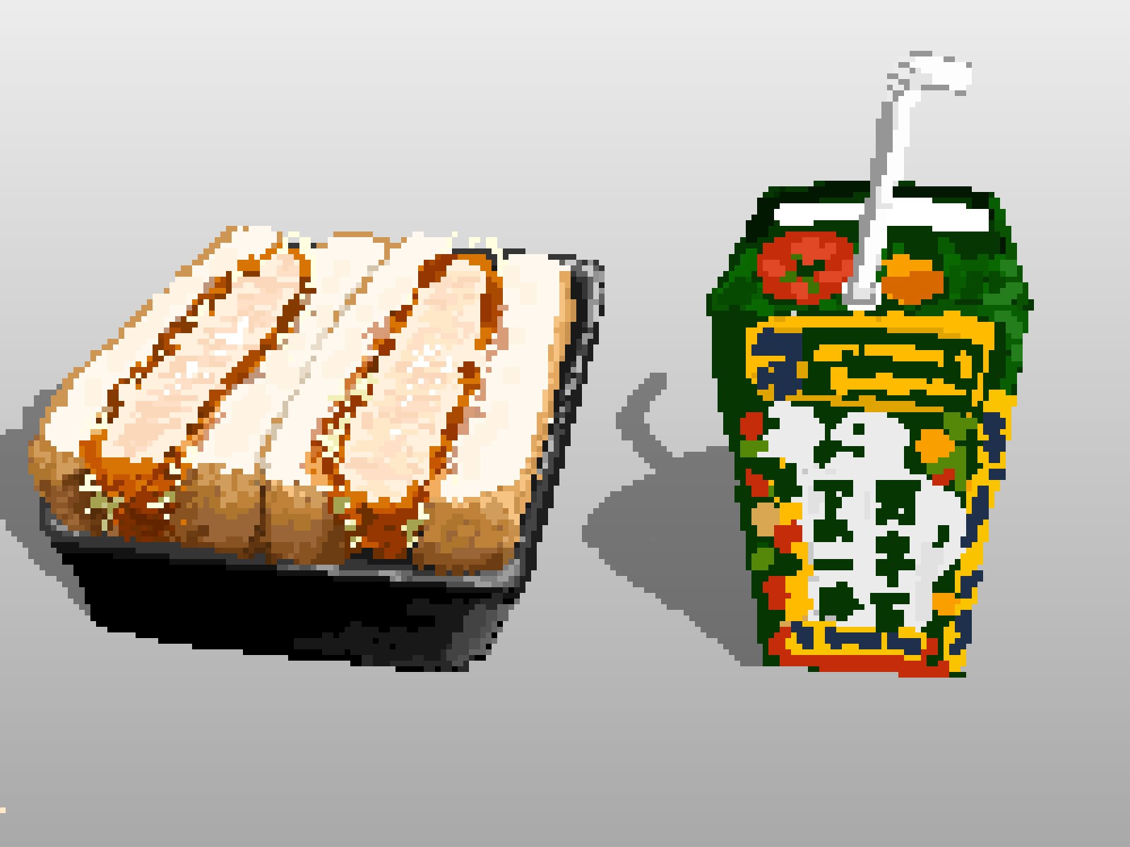 bread bread_slice chicken_(food) cutlet food food_focus fried_chicken highres hisachan55cute katsu_(food) lettuce original pixel_art sandwiched shadow simple_background still_life tray white_background