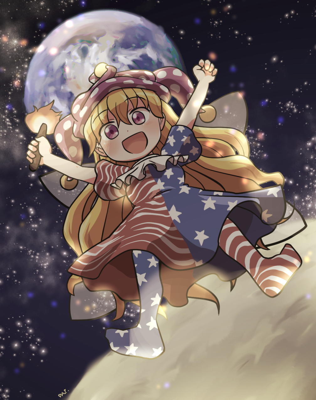 1girl :d american_flag_dress american_flag_legwear blonde_hair clownpiece commentary_request dress earth_(planet) fairy_wings full_body hat highres holding holding_torch jester_cap long_hair looking_at_viewer moon open_mouth outdoors outstretched_arms pantyhose pink_eyes planet polka_dot_headwear purple_hat rokugou_daisuke short_sleeves signature smile solo space star_(sky) star_(symbol) star_print striped_clothes striped_dress striped_pantyhose torch touhou transparent_wings wings