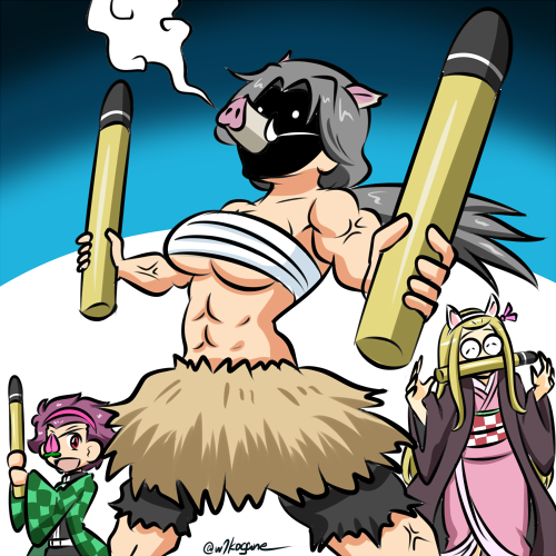 3girls abs ammunition animal_ears bit_gag black_haori black_shorts blonde_hair brown_eyes brown_hair cat_ears checkered_haori checkered_sash claw_pose closed_eyes commentary cosplay fake_animal_ears gag girls_und_panzer glasses grey_hair hair_pulled_back hairband haori hashibira_inosuke hashibira_inosuke_(cosplay) holding japanese_clothes kamado_nezuko kamado_nezuko_(cosplay) kamado_tanjirou kamado_tanjirou_(cosplay) kimetsu_no_yaiba kimono kogane_(staygold) long_hair low_ponytail lowres mask momogaa_(girls_und_panzer) mouth_hold multiple_girls muscular muscular_female nekonyaa_(girls_und_panzer) open_mouth pig_mask pink_hairband pink_kimono piyotan_(girls_und_panzer) ponytail round_eyewear sarashi shell_(projectile) short_hair shorts smile standing twitter_username veins