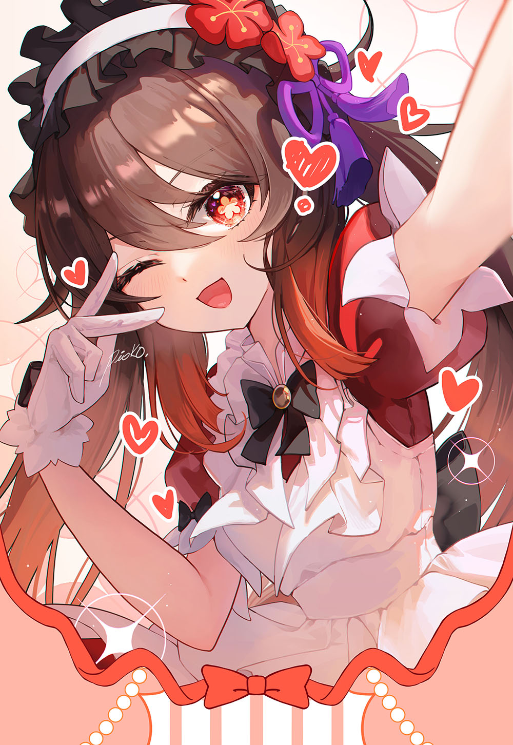 1girl alternate_costume arm_up black_hairband brown_hair enmaided flower-shaped_pupils frilled_hairband frills genshin_impact gloves hair_between_eyes hairband heart highres hu_tao_(genshin_impact) long_hair looking_at_viewer maid maid_headdress one_eye_closed open_mouth pioko red_eyes signature smile symbol-shaped_pupils upper_body white_gloves