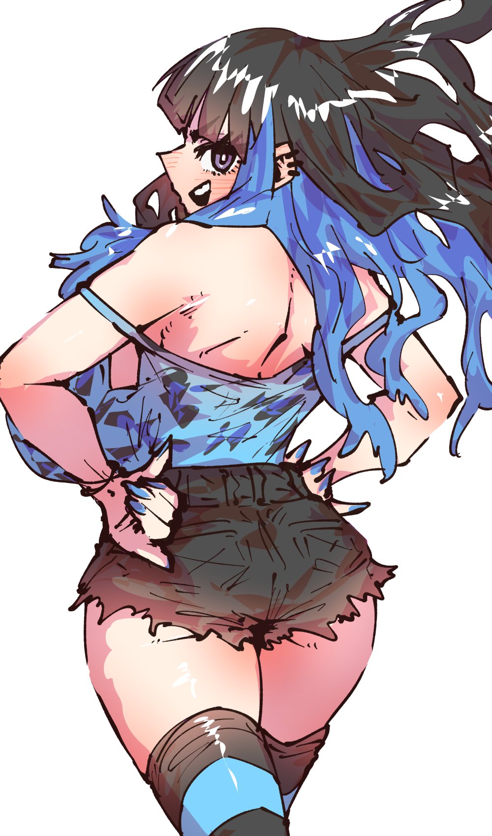 1girl animal_print ass back black_hair blue_hair blue_nails blue_shirt breasts denim denim_shorts ear_piercing from_behind from_side highres horizontal-striped_thighhighs huge_breasts large_breasts leopard_print long_hair looking_at_viewer looking_back multicolored_hair nail_polish oohara_satsuki open_mouth piercing purple_eyes shirt shorts shoulder_blades sideboob smile solo streaked_hair striped_clothes striped_thighhighs teihen_no_daigaku_janaru thighhighs thighs white_background zyugoya
