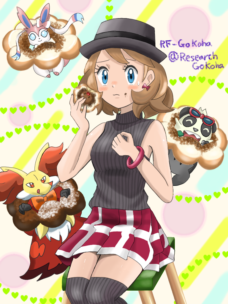 1girl blush bow bowtie breasts chair delphox diglett donut food gen_1_pokemon gen_6_pokemon holding nintendo open_mouth pancham pokemon pokemon_(anime) pokemon_(creature) pokemon_journeys serena_(pokemon) shirt short_hair sitting smile sunglasses sweat sylveon tongue tongue_out