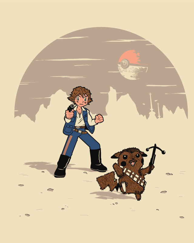 1boy aiming aiming_at_viewer ash_ketchum blaster_(star_wars) bow_(weapon) chewbacca chewbacca_(cosplay) cosplay crossbow crossover death_star full_body fusion gen_1_pokemon han_solo han_solo_(cosplay) mashup nintendo parody pikachu poke_ball pokemon pokemon_(anime) pokemon_(creature) star_wars weapon