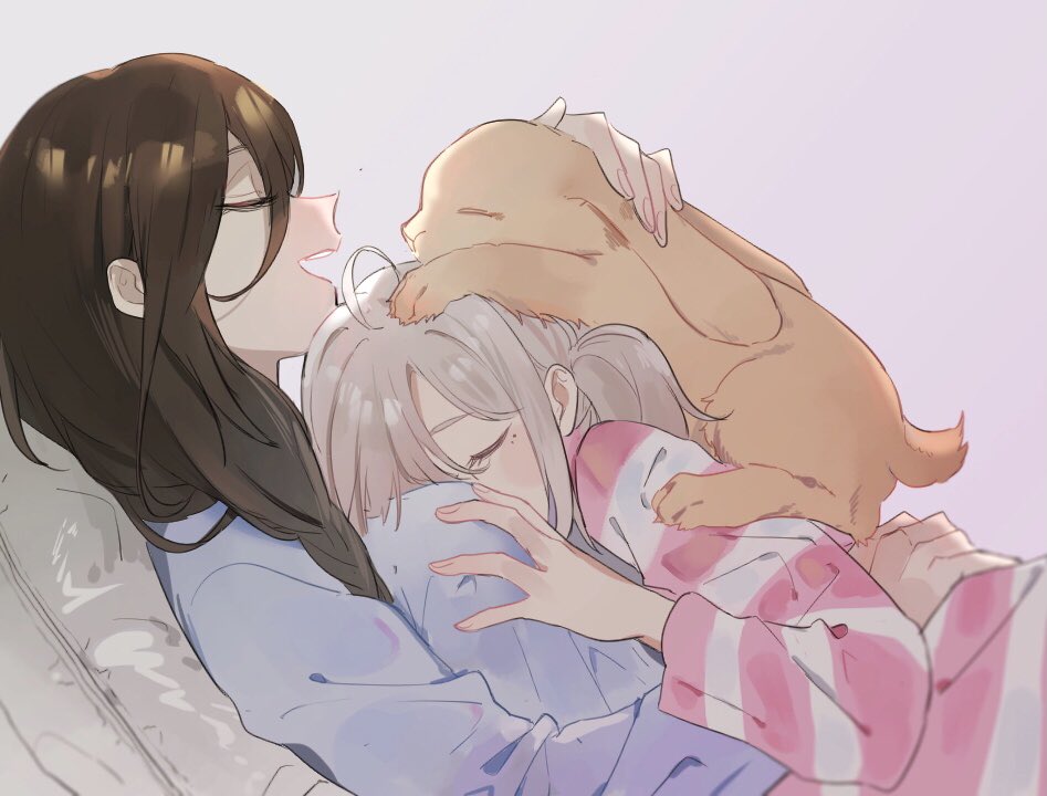 2girls ahoge blue_shirt breasts brown_hair closed_eyes commentary grey_hair hand_on_breast knightym22 lying multiple_girls on_back on_person original parted_lips rabbit shirt striped_clothes striped_shirt symbol-only_commentary virtual_youtuber yuri