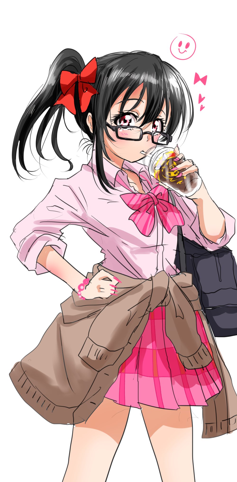 1girl alternate_costume black-framed_eyewear black_eyes bow bowtie brown_cardigan cardigan cardigan_around_waist character_logo closed_mouth clothes_around_waist commentary cowboy_shot cup disposable_cup drinking glasses gyaru hair_between_eyes hair_bow hair_over_one_eye heart highres holding holding_cup kogal looking_at_viewer loose_bowtie love_live! love_live!_nijigasaki_high_school_idol_club love_live!_school_idol_project medium_hair miniskirt open_collar pink_bow pink_bowtie pink_eyes pink_nails pink_shirt pink_skirt plaid_bow plaid_bowtie plaid_clothes plaid_skirt pleated_skirt red_bow shirt shogo_(4274732) side_ponytail simple_background skirt sleeves_rolled_up smile smile_emoji solo standing three-quarter_sleeves white_background yazawa_nico
