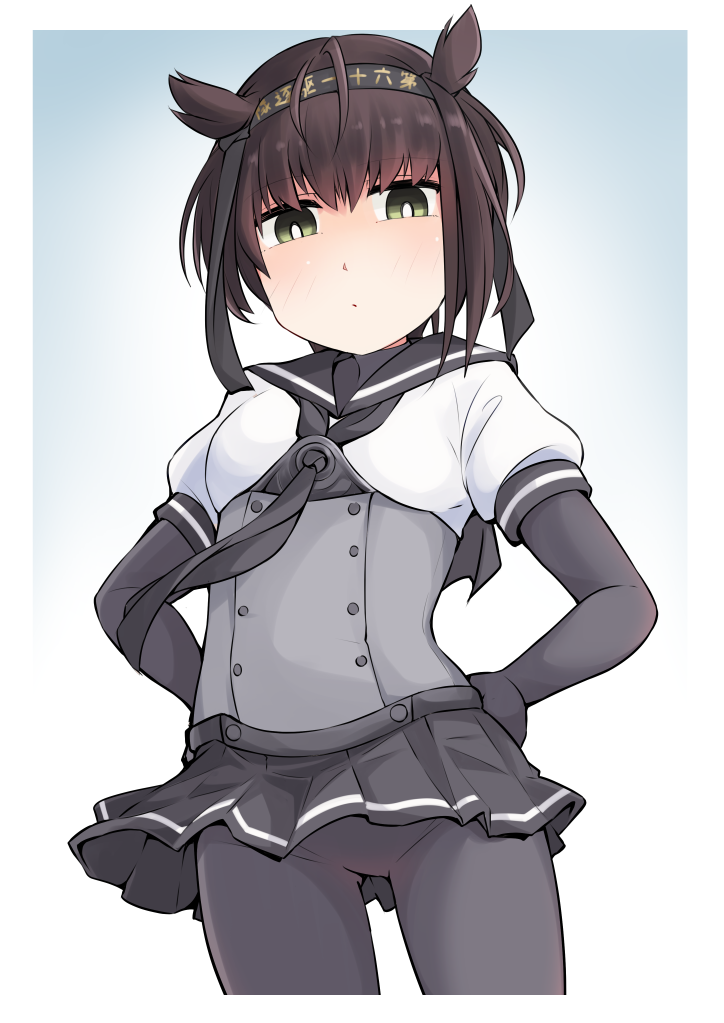 1girl anchor_symbol black_bodysuit black_headband black_neckerchief black_sailor_collar black_skirt bodysuit breasts clothes_writing corset cowboy_shot hachimaki hair_flaps hairband hatsuzuki_(kancolle) headband kantai_collection miniskirt neckerchief okitarou_(okiyo) pleated_skirt sailor_collar school_uniform serafuku short_sleeves skirt small_breasts solo standing