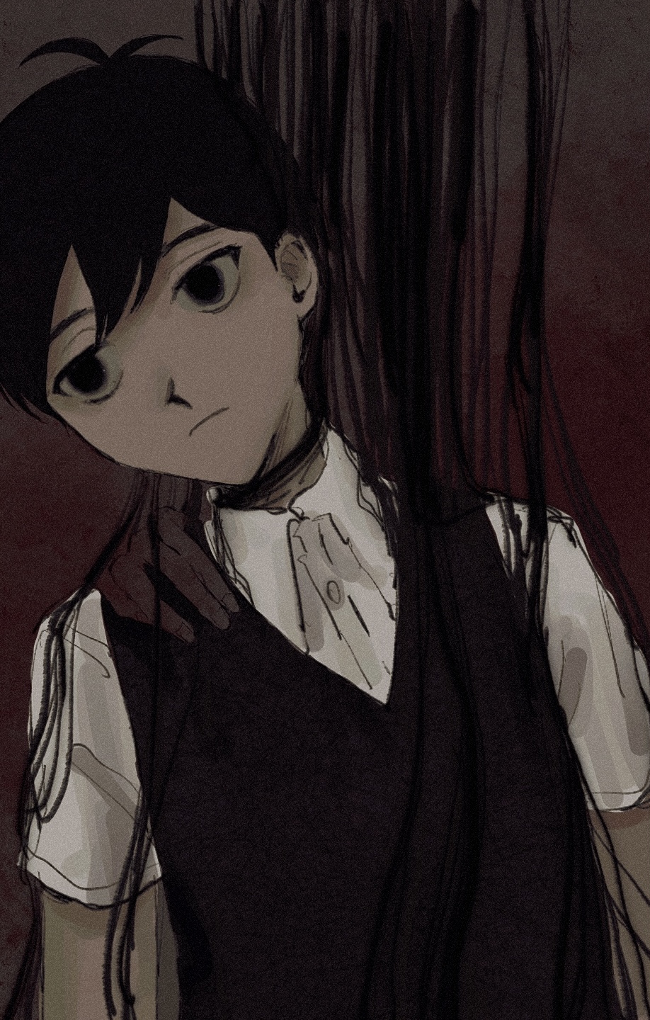 1boy arms_at_sides black_eyes black_hair black_sweater_vest closed_mouth collared_shirt commentary dark double-parted_bangs empty_eyes english_commentary fingernails hair_behind_ear hair_between_eyes head_tilt highres male_focus no_pupils omori red_background sema_(vivaviva_02) shirt short_hair short_sleeves simple_background solo spoilers sunny_(omori) sweater_vest upper_body white_shirt