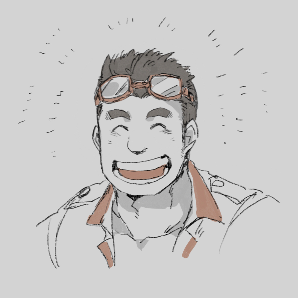 1boy ^_^ bara brown_hair closed_eyes collared_shirt goggles goggles_on_head grey_background happy_aura jinnai10 kajiya_kurogane male_focus muted_color open_mouth shirt short_hair sideburns simple_background smile solo thick_eyebrows tokyo_houkago_summoners upper_body