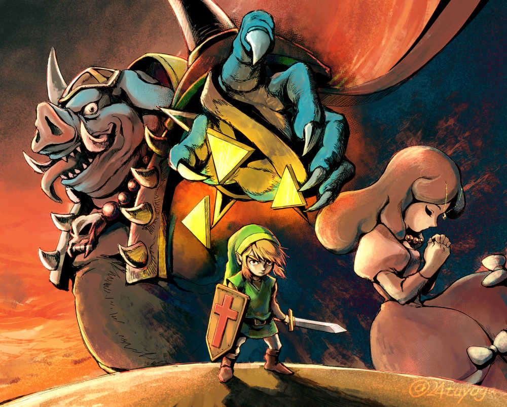 1girl 2boys belt blonde_hair bow brown_belt brown_eyes brown_footwear brown_hair closed_eyes dress fingernails ganon green_headwear green_tunic holding holding_shield holding_sword holding_weapon juliet_sleeves link long_sleeves multiple_boys nintendo pink_dress pointy_ears princess_zelda puffy_sleeves sharp_fingernails shield short_hair standing sword the_legend_of_zelda the_legend_of_zelda_(nes) triforce tsuyuga tunic tusks twitter_username weapon white_bow