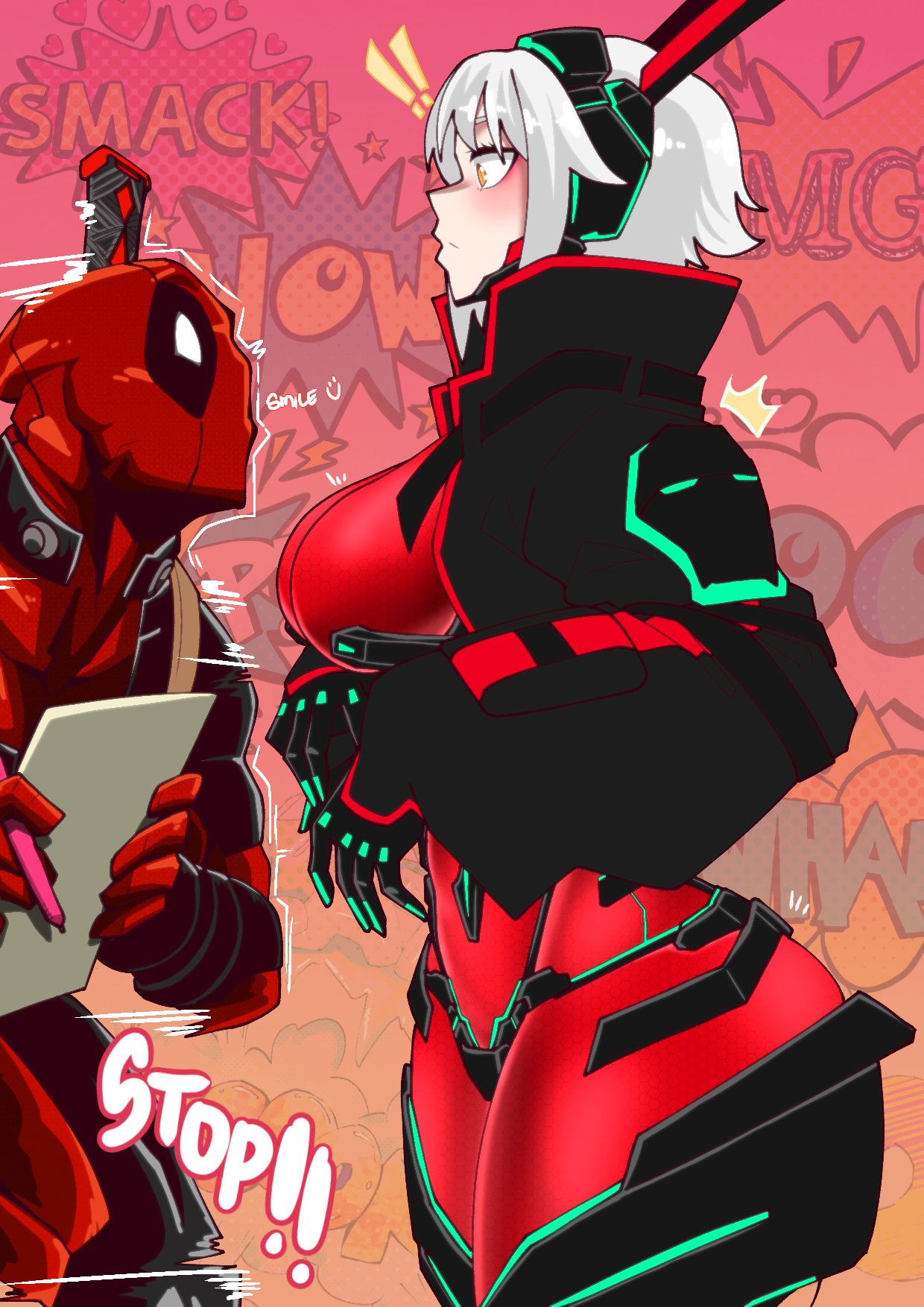 ! !! 1boy 1girl binsake6969 black_bodysuit black_jacket bodysuit breasts chin_guard closed_mouth deadpool deadpool_(series) grey_hair highres holding holding_paper holding_pen horns jacket large_breasts marvel mechanical_horns paper pen red_bodysuit red_mask short_hair superhero_costume sword sword_on_back two-tone_bodysuit virtual_youtuber vshojo weapon weapon_on_back yellow_eyes zentreya zentreya_(cyborg) zentreya_(cyborg)_(1st_costume)