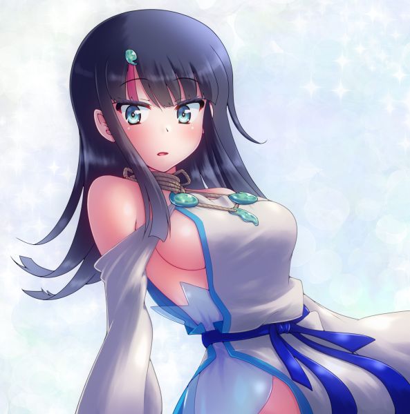 1girl bare_shoulders black_hair blue_eyes blue_ribbon blush breasts dress fate/grand_order fate/requiem fate_(series) hair_ornament jewelry kasabou large_breasts long_sleeves looking_at_viewer magatama magatama_hair_ornament medium_hair multicolored_hair necklace open_mouth pelvic_curtain pink_hair puffy_long_sleeves puffy_sleeves ribbon short_dress sideboob sideless_outfit streaked_hair utsumi_erice utsumi_erice_(lancer) white_dress