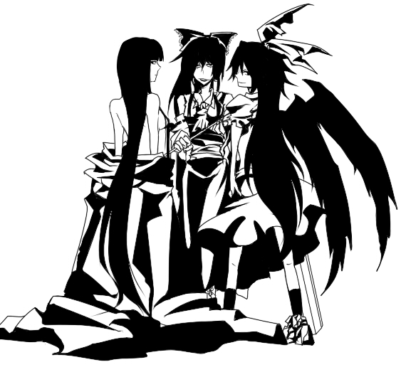 3girls absurdly_long_hair arm_cannon bow breasts from_behind full_body gohei greyscale hair_bow hakurei_reimu holding holding_gohei houraisan_kaguya long_hair looking_at_viewer looking_back monochrome multiple_girls puffy_short_sleeves puffy_sleeves reiuji_utsuho rui_(hershe) shirt short_sleeves sideboob simple_background skirt sleeveless sleeveless_shirt small_breasts socks standing touhou very_long_hair weapon