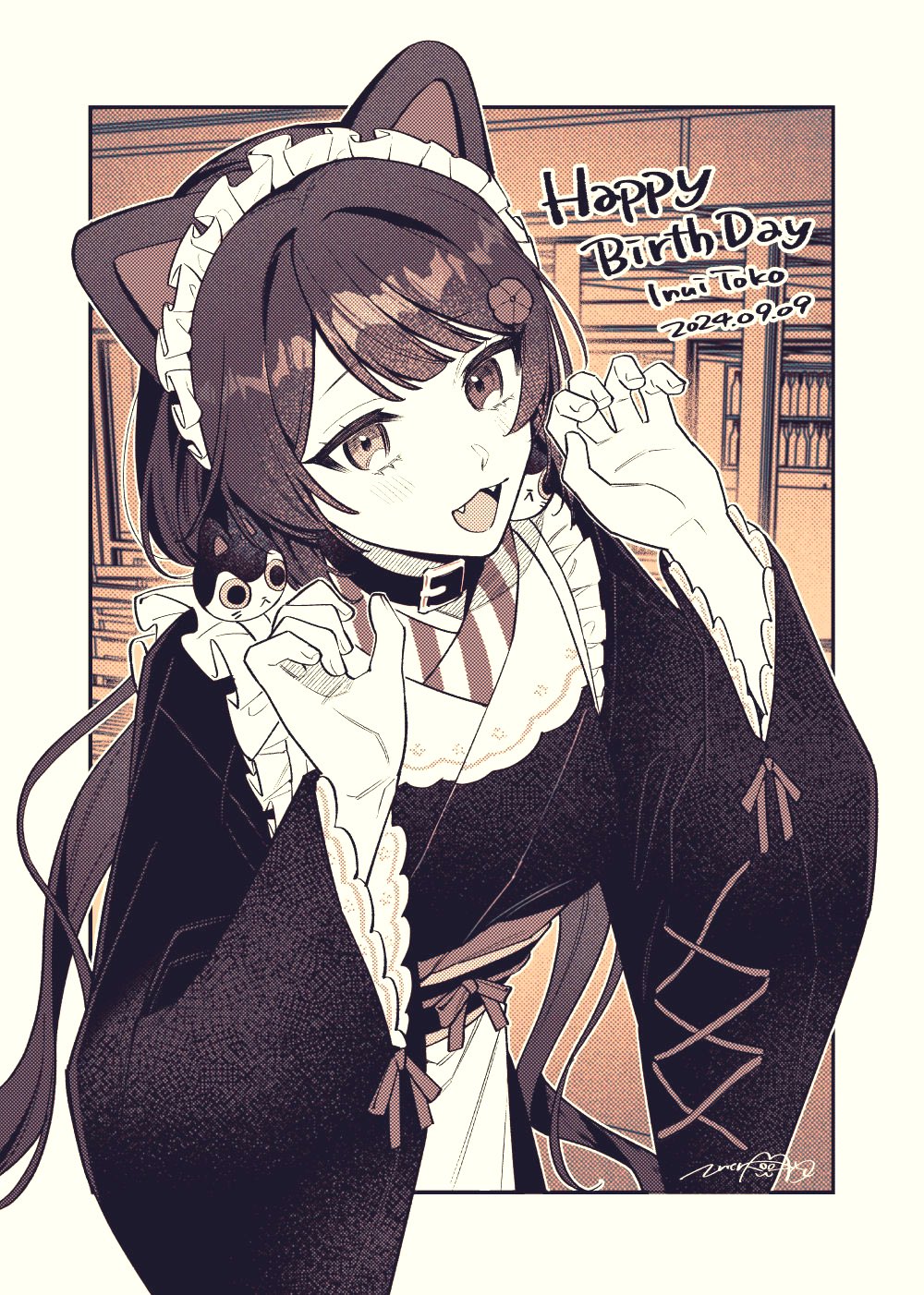 1girl :3 animal_ears animal_hair_ornament blush border breasts character_name claw_pose collar commentary cowboy_shot dated dog_ears english_commentary english_text fangs flower frills hair_flower hair_ornament halftone hands_up happy_birthday heterochromia highres inui_toko inui_toko_(1st_costume) japanese_clothes kimono long_hair long_sleeves looking_at_viewer maid_headdress matsugi_zuntaro medium_breasts monochrome nijisanji obi obiage obijime open_mouth outline outside_border sash sepia signature smile solo swept_bangs very_long_hair virtual_youtuber white_border white_outline