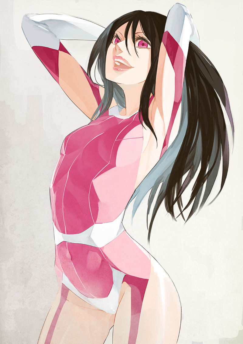 1girl arms_behind_head black_hair breasts cowboy_shot elbow_gloves eyelashes female_focus gajuumaru gloves grey_background hair_between_eyes long_hair open_mouth pink_eyes rensa_#29 rensa_(toaru_majutsu_no_index) skin_tight small_breasts smile solo toaru_majutsu_no_index toaru_majutsu_no_index:_new_testament