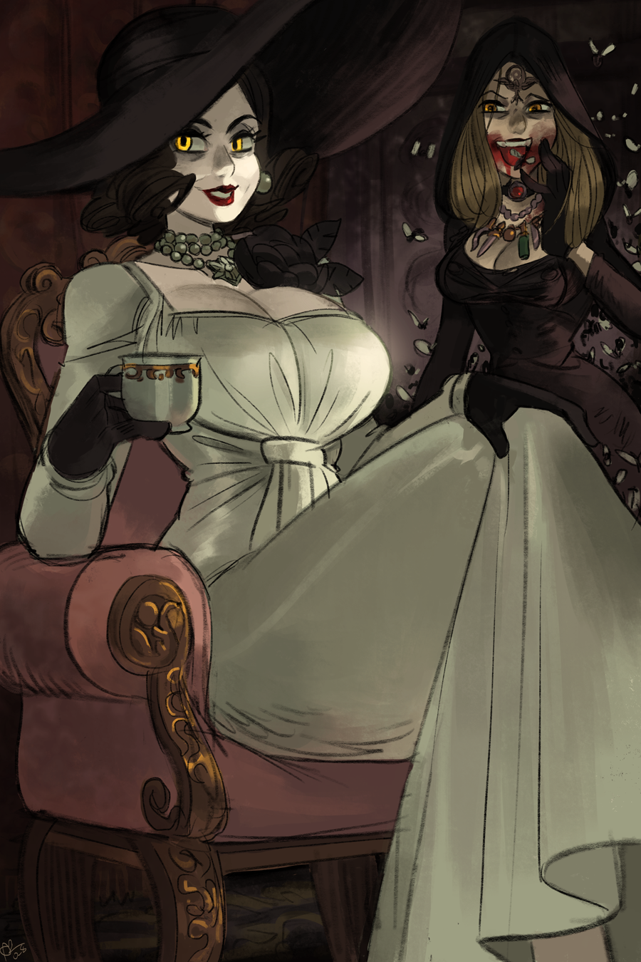 2girls alcina_dimitrescu alex_ahad armchair black_flower black_gloves black_hair black_rose blonde_hair blood blood_on_face breasts bug chair cloak corsage daniela_dimitrescu dress flower fly gloves hat highres hood hooded_cloak insect jewelry large_breasts lipstick long_dress looking_at_viewer makeup mature_female multiple_girls necklace pale_skin pearl_necklace resident_evil resident_evil_village rose smeared_lipstick smile square_neckline sun_hat tall_female yellow_eyes