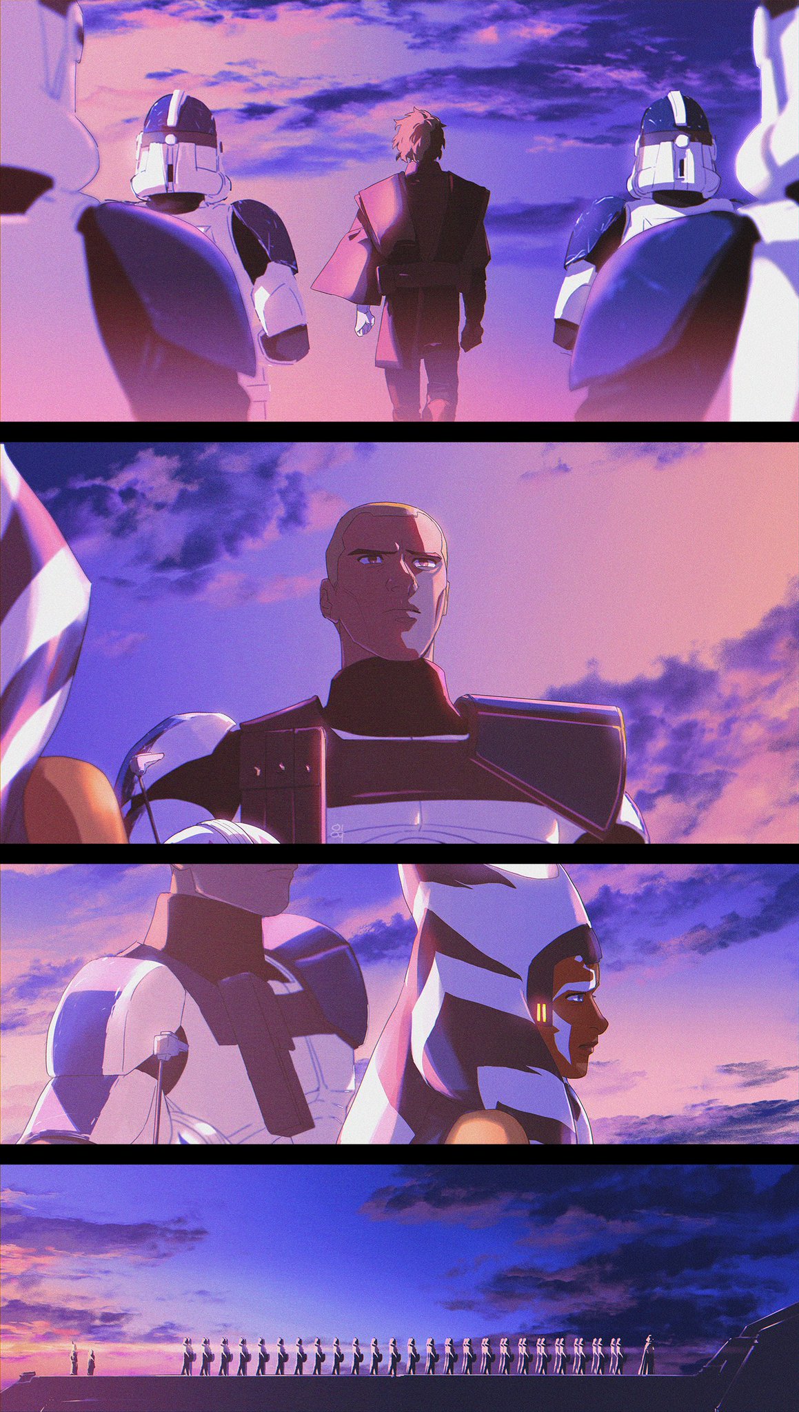 1girl 6+boys ahsoka_tano anakin_skywalker armor clone clone_trooper clone_wars helmet highres multiple_boys rex_(star_wars) sky star_wars star_wars:_the_clone_wars tagme