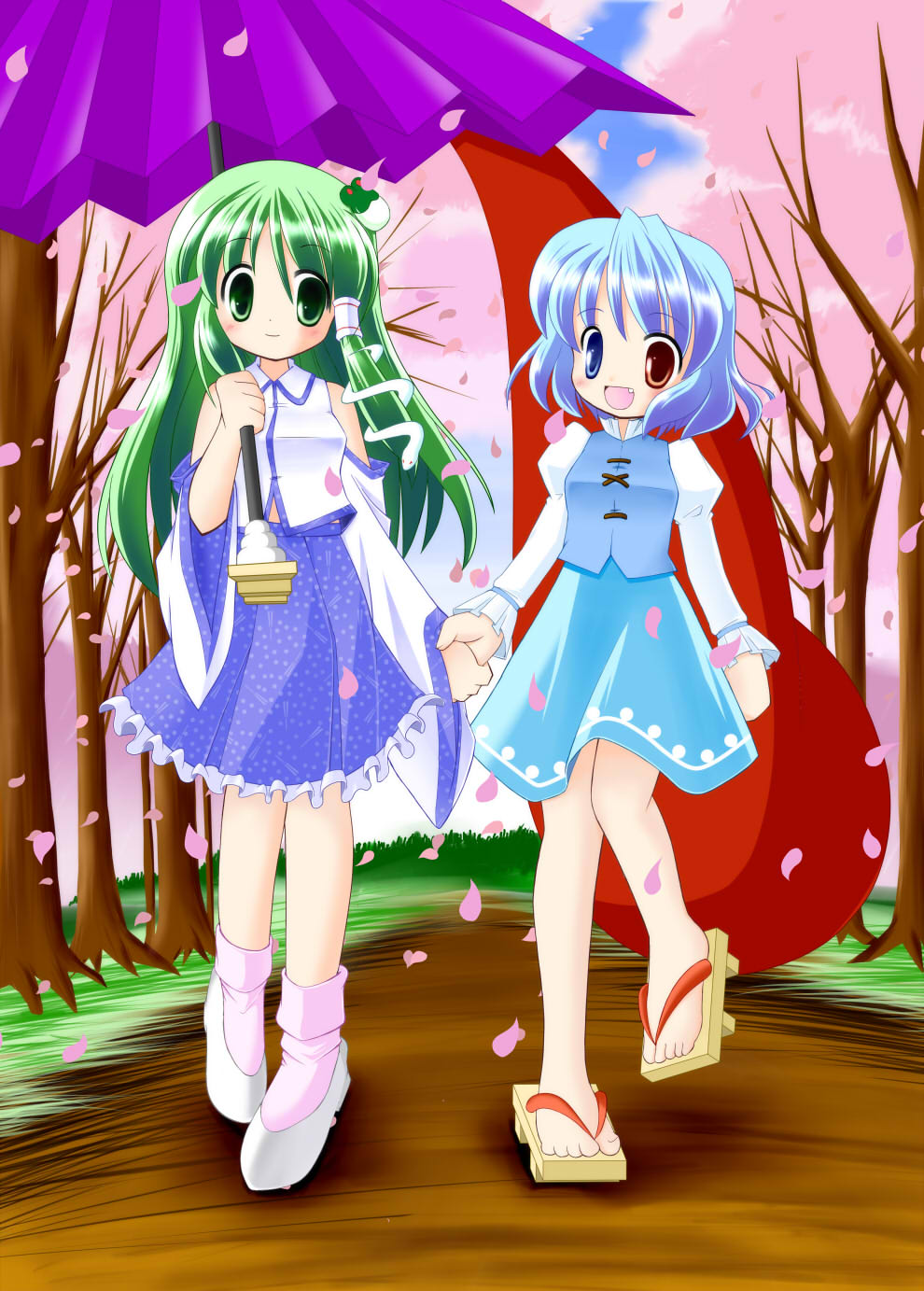 2girls blue_eyes blue_hair cherry_blossoms female_focus green_eyes green_hair holding_hands heterochromia highres kochiya_sanae long_hair multiple_girls red_eyes short_hair smile sou_ryuu tatara_kogasa touhou