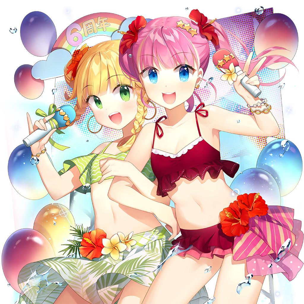 2girls akane_garnet aqua_eyes bikini blonde_hair flower flower_ornament frilled_bikini frills green_bikini green_eyes green_sarong hibiscus holding holding_microphone long_hair microphone multiple_girls navel open_mouth pink_hair rainbow red_bikini salt_(salty) sapphire_emerald sarong swimsuit twintails uchi_no_hime-sama_ga_ichiban_kawaii