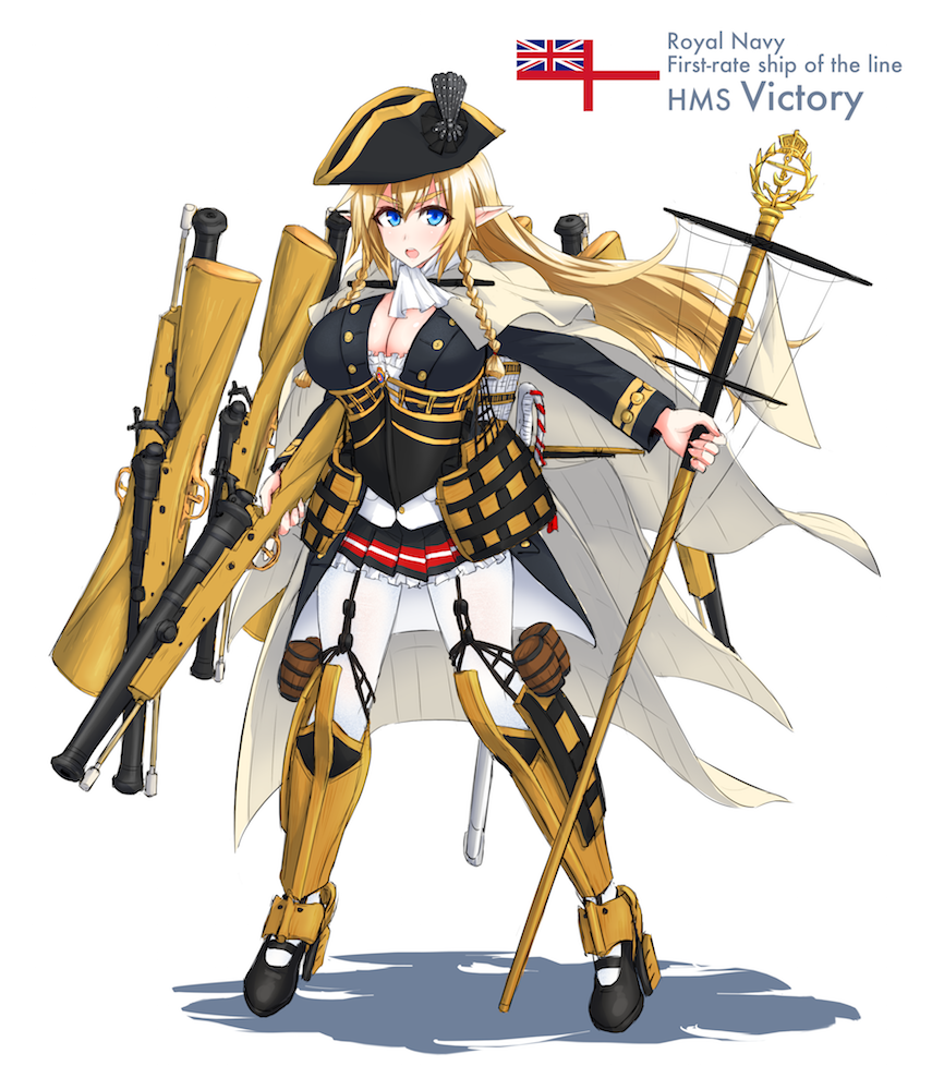 1girl bad_id bad_pixiv_id barrel bicorne blonde_hair blue_eyes braid buttons cannon cape dakku_(ogitsune) female_focus frilled_skirt frills full_body gun hat high_heels hms_victory holding holding_gun holding_staff holding_weapon jacket long_hair long_sleeves mecha_musume military_jacket military_vehicle miniskirt open_mouth original pantyhose personification pleated_skirt pointy_ears royal_navy scabbard sheath ship ship_of_the_line skirt solo staff swod warship watercraft weapon white_ensign white_pantyhose