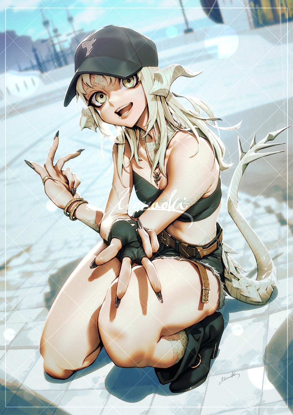 1girl au_ra bandeau bare_shoulders baseball_cap belt black_nails blurry blurry_background bracelet breasts brown_belt commission dragon_horns dragon_tail final_fantasy final_fantasy_xiv grey_eyes grey_hair hat highres horns jewelry kionaoki long_hair medium_breasts micro_shorts open_mouth pendant ring shorts solo squatting tail warrior_of_light_(ff14) watermark watermark_grid white_horns white_scales