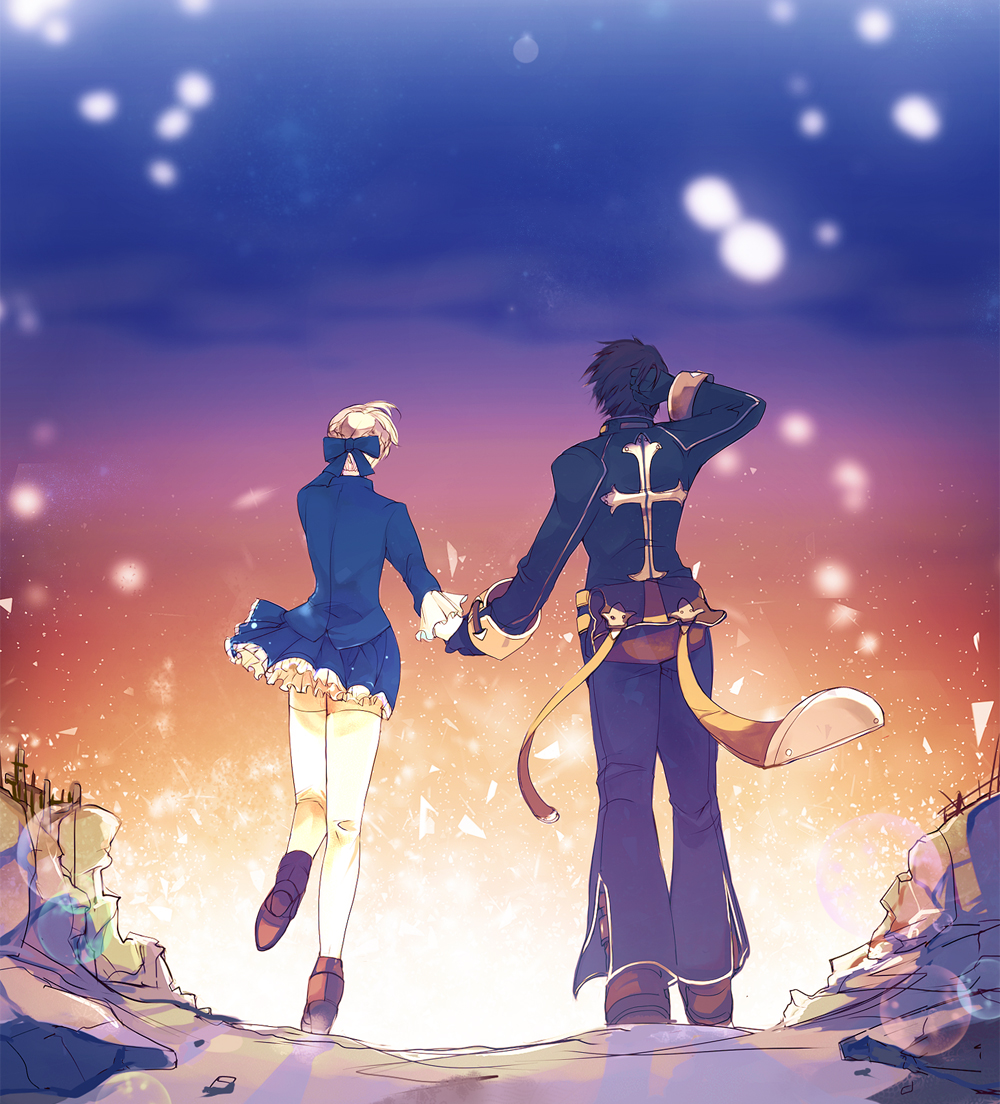 1boy 1girl alice_elliot arm_up bag black_gloves black_jacket black_pants black_shirt blue_bow blue_dress blue_ribbon boots bow brown_hair couple cross dress facing_away frilled_dress frilled_sleeves frills from_behind full_body gloves hair_bow hair_bun hair_ornament hair_ribbon hand_in_own_hair hand_up happy hetero high_heels holding_hands inukichi/inupu jacket long_hair long_sleeves looking_ahead multicolored_dress outdoors pants ribbon road scratching_head shadow_hearts shadow_hearts_ii shirt shoes short_hair skirt sky thighhighs walking white_dress white_hair white_thighhighs yuri_hyuga