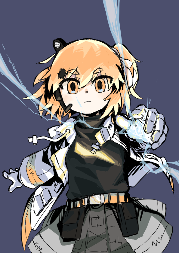 1girl a.i._voice adachi_rei arm_held_back belt belt_pouch black_shirt cowboy_shot electricity gloves grey_skirt hair_ornament hair_ribbon hairclip headlamp headset jacket light_frown long_sleeves looking_at_viewer microphone open_clothes open_jacket orange_eyes orange_hair outstretched_hand pouch purple_background ribbon shirt short_eyebrows short_hair side_ponytail simple_background skirt solo subaru_namisaki thick_eyebrows utau utility_belt v-shaped_eyebrows white_gloves white_jacket white_ribbon wind wind_lift