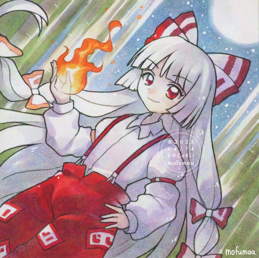 1girl artist_name bamboo bamboo_forest bow closed_mouth collared_shirt commentary dated fire forest fujiwara_no_mokou full_moon grey_hair hair_bow hand_on_own_hip hashtag-only_commentary long_hair long_sleeves looking_at_viewer maa_(forsythia1729) moon multiple_hair_bows nature ofuda ofuda_on_clothes outdoors pants pyrokinesis red_eyes red_pants shirt smile solo suspenders touhou traditional_media twitter_username very_long_hair watermark white_bow white_shirt