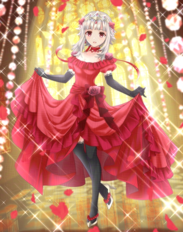1girl alternate_costume bare_shoulders black_gloves black_thighhighs breasts cleavage collarbone commentary_request commission dress elbow_gloves fire_emblem fire_emblem_heroes formal_clothes gloves kakiko210 looking_at_viewer medium_breasts nintendo official_alternate_hairstyle open_mouth petals red_dress red_eyes short_hair skeb_commission smile solo thighhighs veronica_(fire_emblem) veronica_(princess_rising)_(fire_emblem)