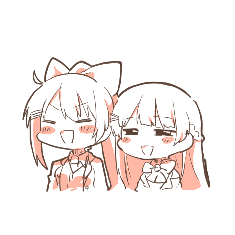 2girls :d blazer blush_stickers bow braid brown_theme cardigan chibi closed_eyes collared_shirt cropped_torso hair_bow half-closed_eyes higuchi_kaede higuchi_kaede_(1st_costume) jacket long_hair lowres monochrome multiple_girls necktie nijisanji open_clothes open_jacket open_mouth ponytail rebecca_(keinelove) school_uniform shirt simple_background smile tsukino_mito tsukino_mito_(1st_costume) upper_body v-shaped_eyebrows virtual_youtuber white_background