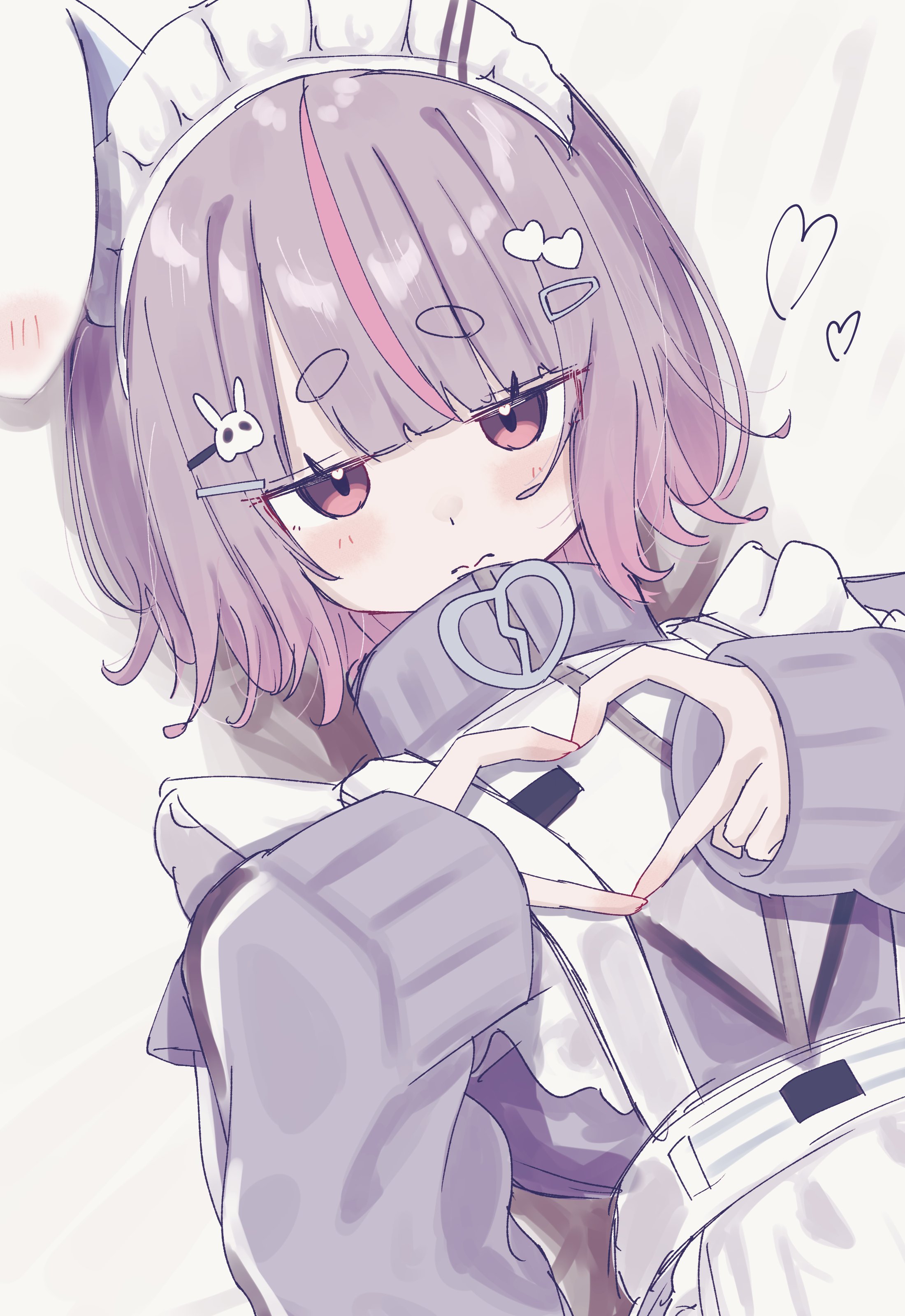 1girl four-finger_heart_hands absurdres animal_ear_hairband animal_ears apron blunt_bangs bob_cut cattleya_regina_games fake_animal_ears frilled_apron frills grey_jacket hair_ornament hairband hairpin heart heart_hair_ornament heart_hands high_collar highres jacket jersey_maid light_blush long_sleeves looking_at_viewer maid maid_apron maid_headdress multicolored_hair multiple_hairpins parted_bangs pink_eyes purple_hair rabbit_ears shimoyake_(lethal_penguin) simple_background sketch solo streaked_hair thick_eyebrows tosaki_mimi tosaki_mimi_(4th_costume) track_jacket unconventional_maid upper_body virtual_youtuber vspo! white_background