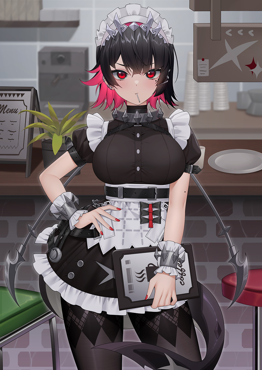 1girl apron bar_stool black_hair black_pantyhose black_shirt black_skirt breasts cafe colored_inner_hair commentary_request ear_piercing earclip ellen_joe espresso_machine fins fish_tail funada_kiito hand_on_own_hip highres holding holding_menu indoors large_breasts long_hair maid maid_headdress menu mole mole_under_eye multicolored_hair pantyhose piercing pink_hair plate red_eyes red_nails shark_tail shirt short_sleeves skirt solo stool tail white_apron white_headdress wu_yao_jun zenless_zone_zero