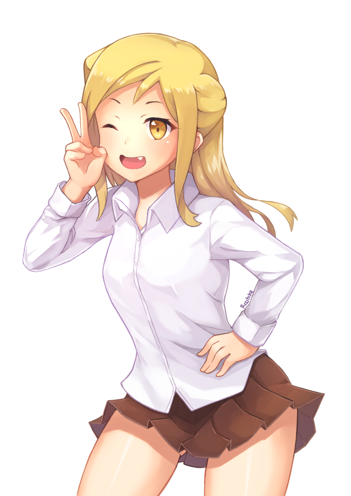 10s 1girl ;d blonde_hair cone_hair_bun demi-chan_wa_kataritai double_bun dress_shirt fang female_focus gluteal_fold hair_bun hand_on_own_hip long_hair looking_at_viewer miniskirt one_eye_closed open_mouth pleated_skirt rizihike school_uniform shirt skirt smile solo takanashi_hikari v vampire white_background white_shirt yellow_eyes