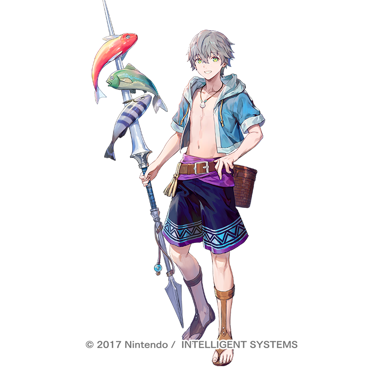 1boy ashe_ubert ashe_ubert_(summer) azu-taro basket belt blue_jacket copyright_notice fire_emblem fire_emblem:_three_houses fire_emblem_heroes fish full_body green_eyes grey_hair hand_on_own_hip holding holding_polearm holding_weapon hood hooded_jacket jacket jewelry looking_at_viewer male_focus male_swimwear necklace nintendo official_alternate_costume official_art open_clothes open_jacket open_mouth polearm sandals shell shell_necklace short_hair short_sleeves simple_background smile solo standing swim_trunks weapon white_background