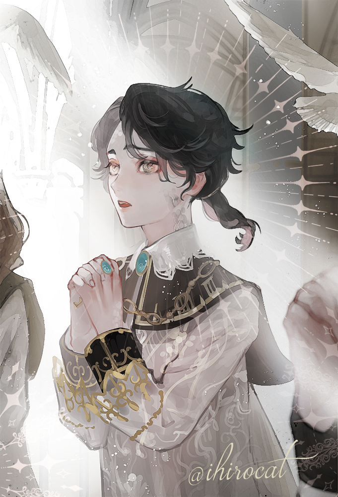 1boy aesop_carl aesop_carl_(watchman) bird black_cape black_hair blue_gemstone brown_eyes cape dove gem identity_v ihirocat jewelry long_sleeves male_focus medium_hair open_mouth praying ring shirt solo twitter_username white_shirt