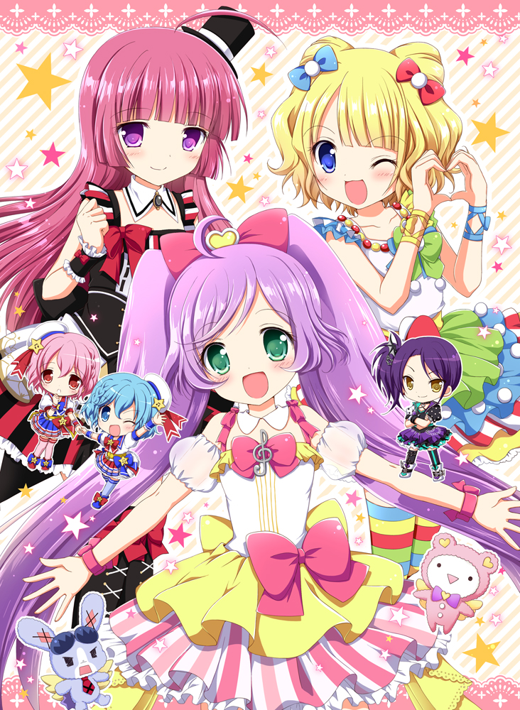 1boy 5girls :3 :d ahoge angry asymmetrical_footwear asymmetrical_legwear bare_shoulders beret black_dress black_hat black_legwear blonde_hair blue_bow blue_eyes blue_hair blue_legwear blue_ribbon blunt_bangs blush bow brother_and_sister chibi clenched_hand cone_hair_bun crossed_arms detached_collar detached_sleeves diagonal_stripes dorothy_west dress green_bow hair_bow hair_bun hat heart heart_hands hojo_sophy holding_hands kuma_(pripara) long_hair looking_at_viewer manaka_laala minami_mirei mismatched_footwear mismatched_legwear multicolored_dress multiple_girls nanase_miori one_eye_closed open_mouth outstretched_arms pantyhose pastel_colors pink_bow pink_hair pink_legwear pink_ribbon pretty_series pripara purple_dress purple_eyes purple_hair red_bow red_eyes reona_west ribbon short_sleeves siblings side_ponytail skirt sleeveless sleeveless_dress smile standing standing_on_one_leg star_(symbol) star_symbol_background striped_background striped_clothes striped_legwear striped_pantyhose striped_skirt thighhighs top_hat toudou_shion triangle_mouth twins twintails usagi_(pripara) vertical-striped_clothes vertical-striped_legwear vertical-striped_pantyhose vertical-striped_skirt white_dress white_hat wrist_cuffs wrist_ribbon yellow_ribbon