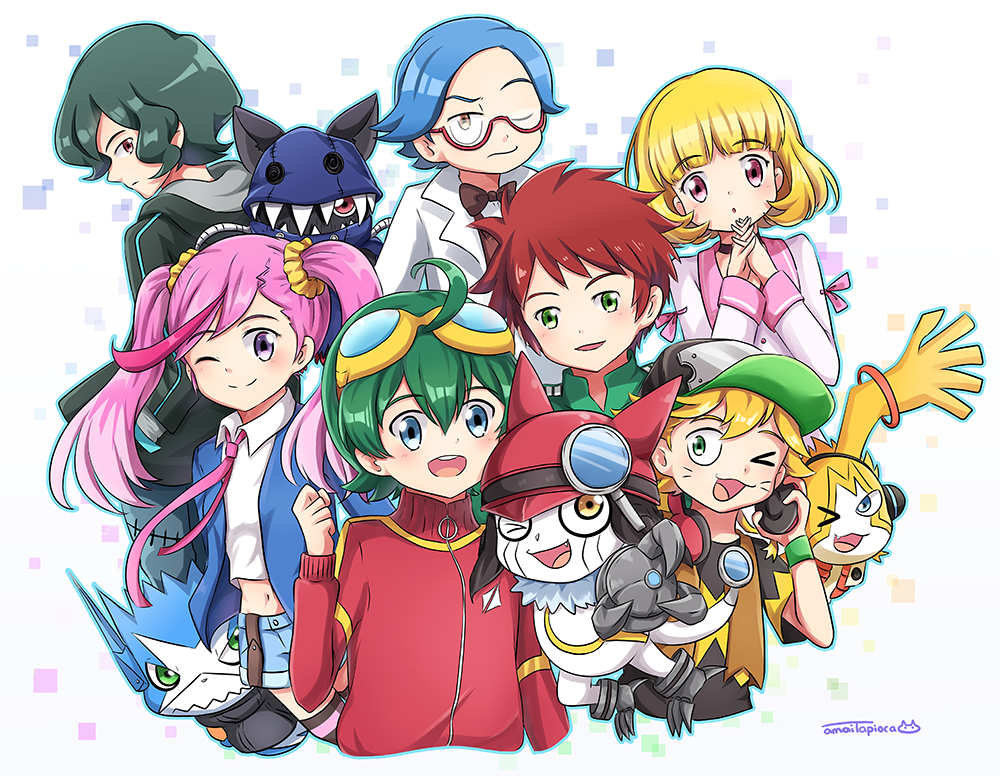 2girls 5boys amaimi appmon asuka_torajirou blue_hair bob_cut bow bowtie digimon digimon_universe:_appli_monsters dokamon everyone gatchmon glasses goggles goggles_on_head green_hair hackmon_(appmon) hat headphones jacket karan_eri kashiki_ai katsura_rei midriff multicolored_hair multiple_boys multiple_girls musimon navel necktie one_eye_closed ozora_yujin purple_hair shinkai_haru wato_takeru