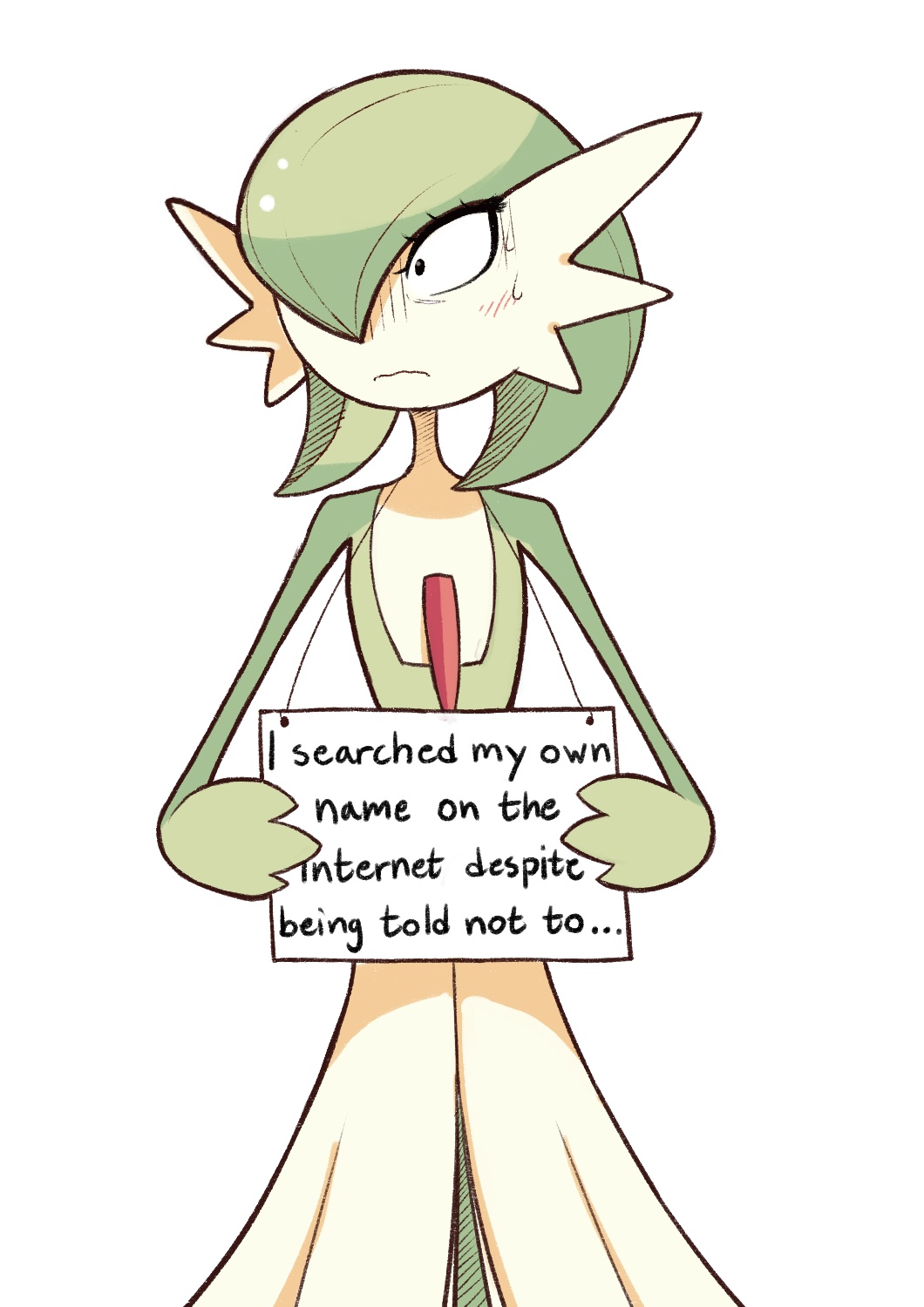 1girl blush bob_cut colored_skin dress egosearching english_text gardevoir gen_3_pokemon green_hair hair_over_one_eye highres holding holding_sign looking_to_the_side multicolored_skin nintendo pet_shaming pokemon pokemon_(creature) sally_(luna-arts) sign sign_around_neck simple_background sweatdrop turn_pale two-tone_skin white_background white_dress white_skin