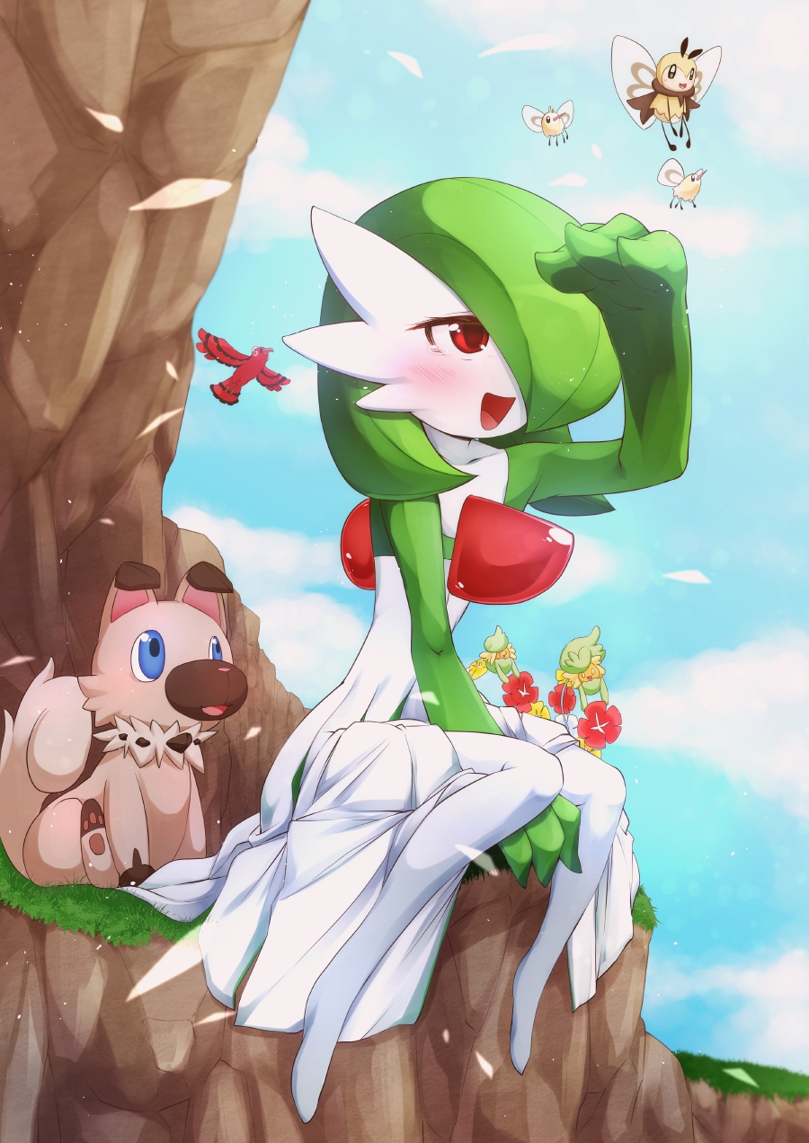 blue_eyes blue_sky bob_cut brown_fur colored_skin comfey cutiefly dress flower gardevoir gen_3_pokemon gen_7_pokemon grass green_hair green_skin highres insect_wings multicolored_skin nintendo oricorio oricorio_(baile) pokemon pokemon_(creature) red_eyes ribombee rockruff sitting sky two-tone_skin white_dress white_skin wings yu_yun