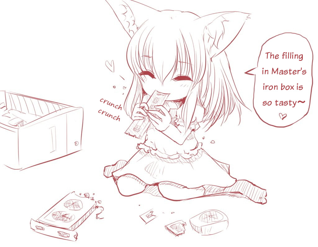 1girl animal_ear_fluff animal_ears anit brown_theme child closed_eyes comic computer_chip computer_fan dress eating english_text female_focus fox_ears fox_girl hair_between_eyes hard-translated heart large_ears long_hair monochrome original ram_(computer) short_sleeves simple_background sitting socks solo speech_bubble spoken_heart third-party_edit translated wariza white_background