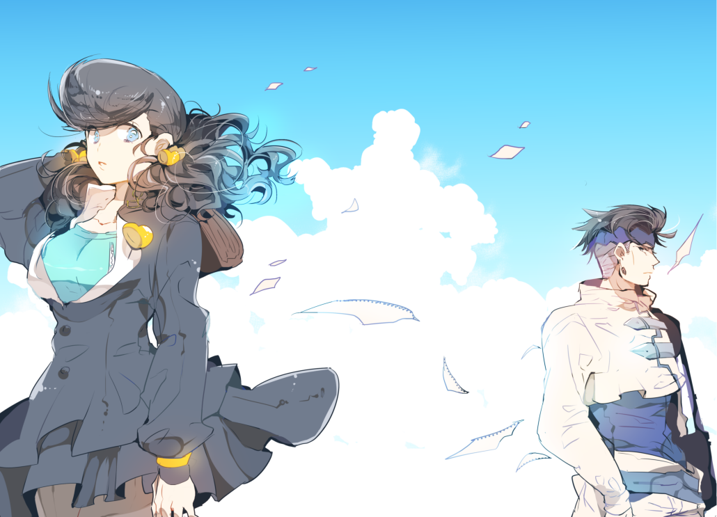 1boy 1girl adapted_costume black_hair blue_eyes cropped_jacket diamond_wa_kudakenai genderswap genderswap_(mtf) headband higashikata_josuke jojo_no_kimyou_na_bouken kishibe_rohan midriff pleated_skirt pompadour sadahara_inako skirt sky twintails undercut