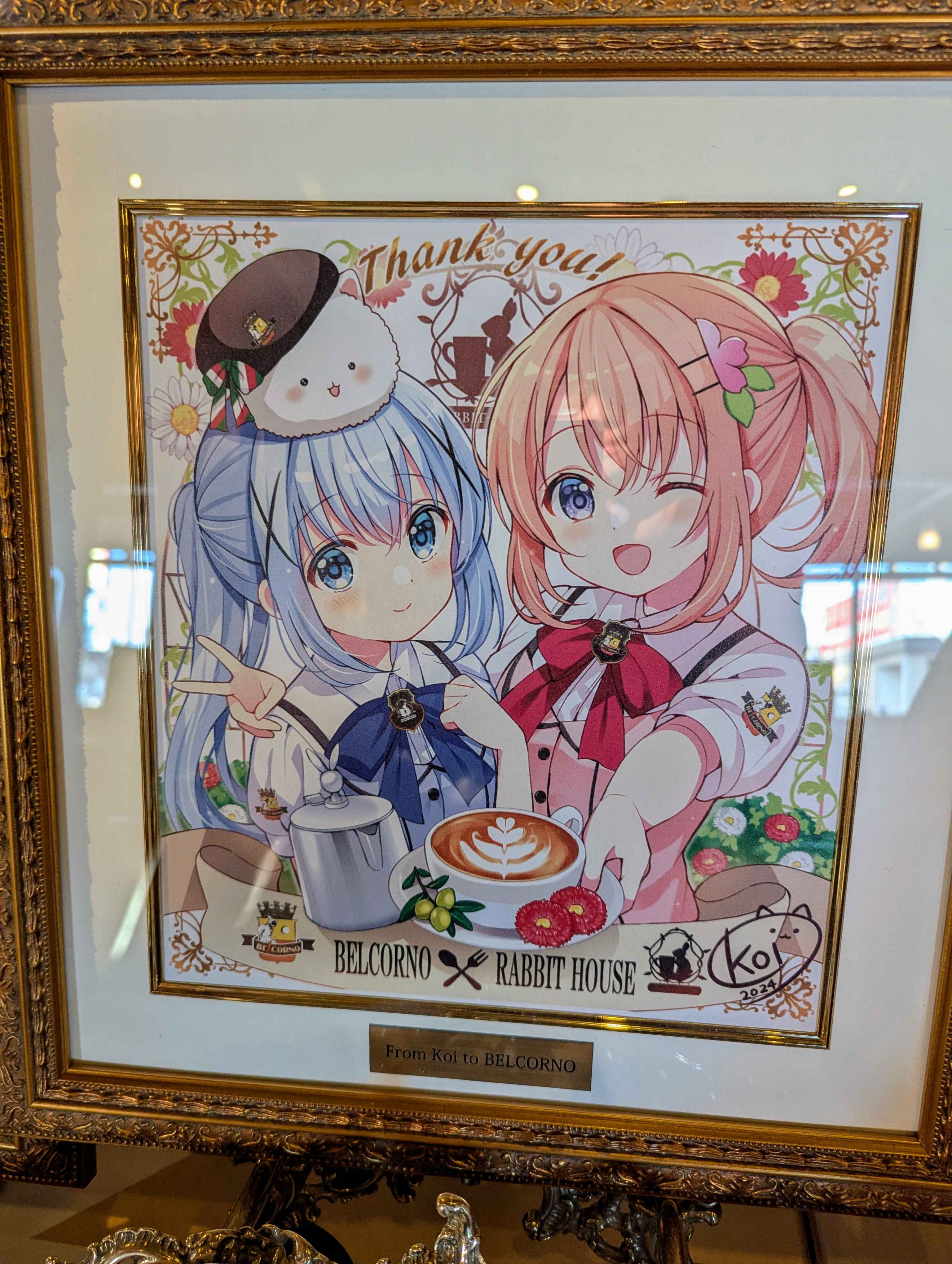 2girls :d absurdres angora_rabbit apron arm_around_shoulder artist_name beret blue_apron blue_bow blue_eyes blue_hair blue_pupils blue_theme blush border bow breasts bright_pupils buttons cherry_blossoms closed_mouth collared_shirt color_coordination commentary commentary_request dated dot_nose english_commentary english_text finger_on_lens flower gift_art gochuumon_wa_usagi_desu_ka? hair_flower hair_ornament hat highres holding holding_plate hoto_cocoa italian_flag italian_text kafuu_chino koi_(koisan) latte_art light_blue_hair logo long_hair looking_at_viewer matching_hairstyle matching_outfits medium_hair multiple_girls official_alternate_hairstyle official_art one_eye_closed open_mouth orange_hair ornate_border photo_(medium) pink_apron plate ponytail purple_eyes purple_pupils rabbit rabbit_house_uniform red_bow red_theme ribbon serving shirt short_sleeves signature small_breasts smile summer_uniform thank_you tippy_(gochiusa) upper_body v white_shirt