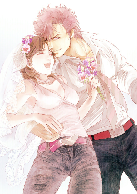 1boy 1girl bat_(hokuto_no_ken) belt breasts bridal_veil choker cleavage commentary_request denim earrings heart hokuto_no_ken jeans jewelry jobo_(isi88) lin_(hokuto_no_ken) pants short_hair smile veil