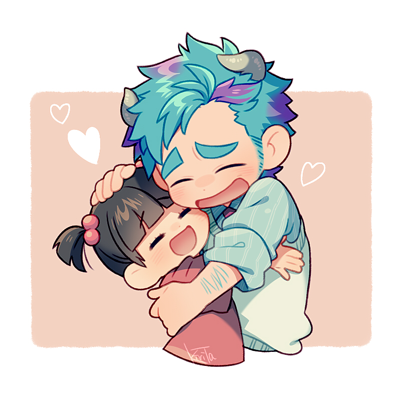 animification arm_hair black_hair blue_shirt blush boo_(monsters_inc.) child closed_eyes hair_bobbles hair_ornament heart horns hug humanization james_p._sullivan kiri_futoshi monsters_inc. open_mouth red_shirt shirt short_hair short_twintails sideburns sleeves_rolled_up twintails