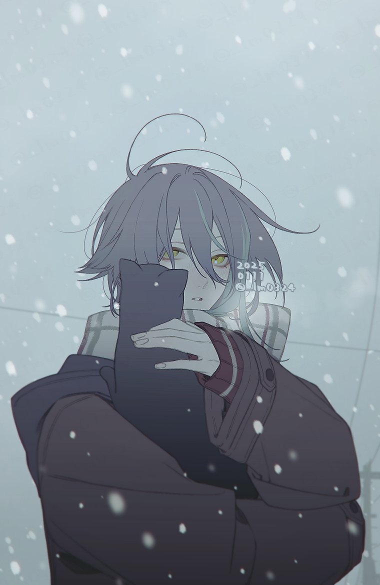 1boy animal animal_hug aqua_streaks asymmetrical_hair asymmetrical_sidelocks black_cat breath brown_coat cat coat commentary dated grey_sky hair_between_eyes hood hood_down hooded_coat kamishiro_rui lm0324 long_sleeves looking_at_viewer male_focus multicolored_hair parted_lips plaid_clothes plaid_scarf power_lines project_sekai purple_eyes red_sweater scarf sidelocks sky sleeves_past_wrists snow solo streaked_hair sweater twitter_username upper_body utility_pole wind winter_clothes winter_coat yellow_eyes