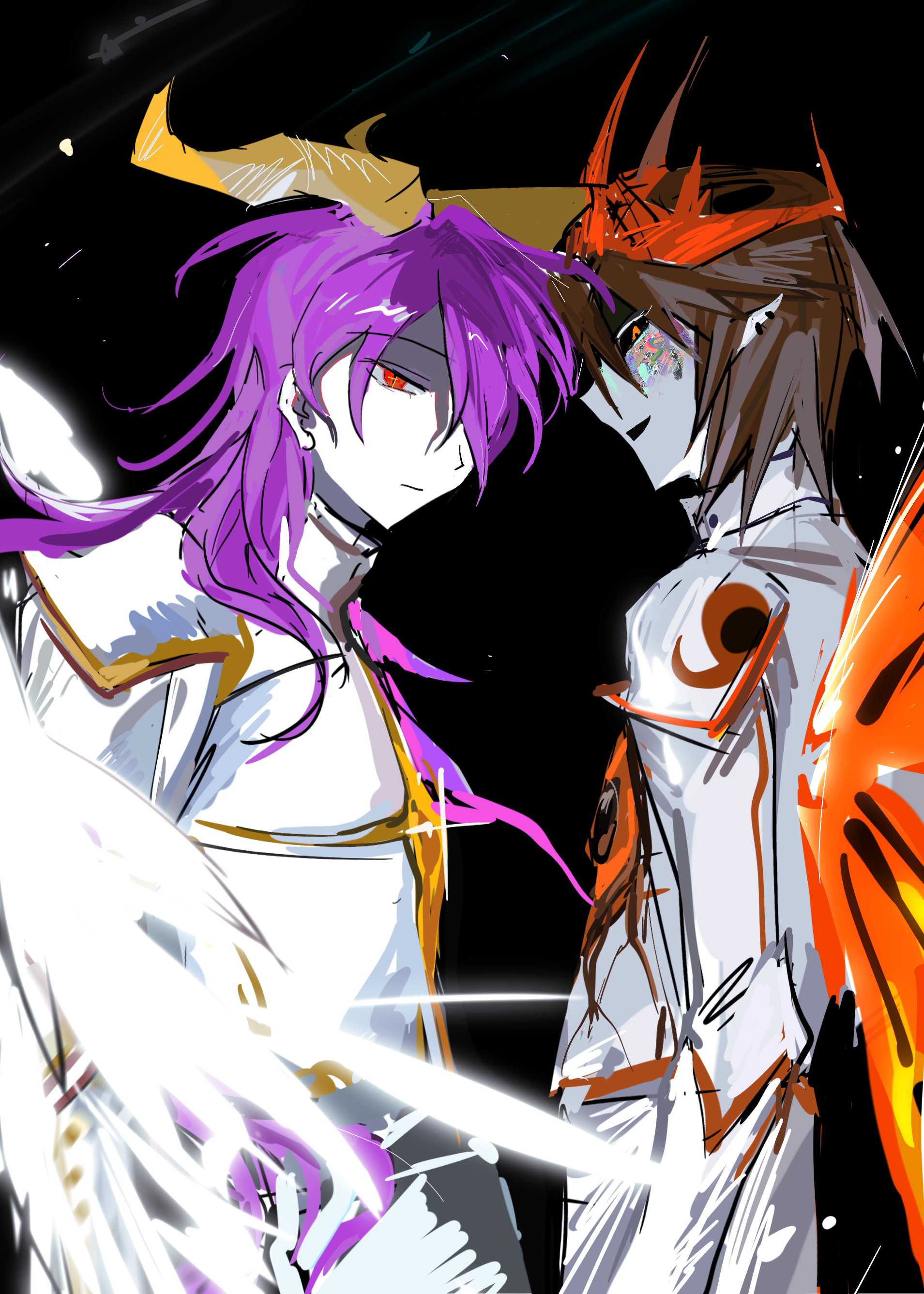 2boys absurdres angel_wings animal_print armor black_background black_sclera breastplate brown_hair butterfly_print butterfly_wings chinese_commentary closed_mouth collared_shirt colored_sclera commentary_request cowboy_shot crown demon_horns ear_piercing expressionless feathered_wings full_armor galacta_knight hair_over_one_eye high_collar highres horns insect_wings kirby_(series) li_(mflywhn256) light_particles long_hair male_focus morpho_knight multiple_boys multiple_piercings nintendo open_mouth orange_eyes orange_wings pants pauldrons personification piercing pointy_ears purple_hair red_crown red_eyes shaded_face shirt short_hair shoulder_armor simple_background slit_pupils white_pants white_shirt white_wings wings yellow_horns