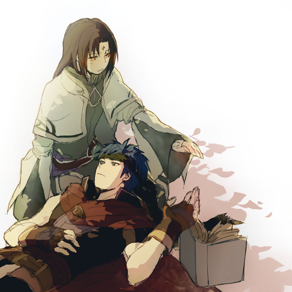2boys black_hair blue_eyes blue_hair book cape commentary_request facial_mark fire_emblem fire_emblem:_radiant_dawn forehead_mark ike_(fire_emblem) lap_pillow male_focus multiple_boys nintendo red_cape rrr short_hair soren_(fire_emblem) soren_(radiant_confidant)_(fire_emblem)