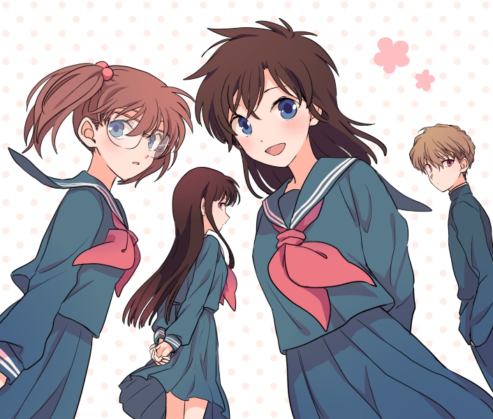 1boy 3girls :d akiyoshi_(tama-pete) arms_behind_back blue_eyes brown_hair commentary_request floating_clothes floating_hair glasses hakuba_saguru hands_in_pockets koizumi_akako light_brown_hair long_hair looking_at_viewer looking_back magic_kaito medium_hair momoi_keiko_(magic_kaito) multiple_girls nakamori_aoko open_mouth parted_lips partial_commentary pleated_skirt red_eyes sailor_collar sailor_shirt school_uniform shirt short_hair skirt smile twintails