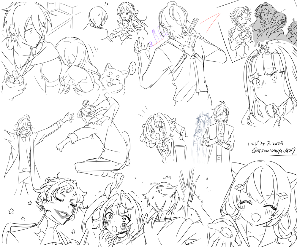 !? ... 6+boys 6+girls :d ^_^ animal animal_ears blush bow candy chair character_request check_character closed_eyes collared_shirt dog fang folding_chair food fruit furen_e_lustario glasses hair_intakes hair_over_one_eye hand_up headphones headphones_around_neck headpiece headset holding holding_food hood hood_down hooded_jacket hoshikawa_sara index_finger_raised jacket joe_rikiichi jumping kanae_(nijisanji) lize_helesta monochrome multiple_boys multiple_girls nijisanji nijisanji_kr ninahachi o_o on_chair open_clothes open_jacket open_mouth pants parted_lips shirt sleeveless sleeveless_jacket sleeves_past_fingers sleeves_past_wrists small_sweatdrop smile spoken_ellipsis spot_color strawberry sweat sweater translation_request trembling turtleneck turtleneck_sweater twintails twitter_username virtual_youtuber yang_nari yumeoi_kakeru