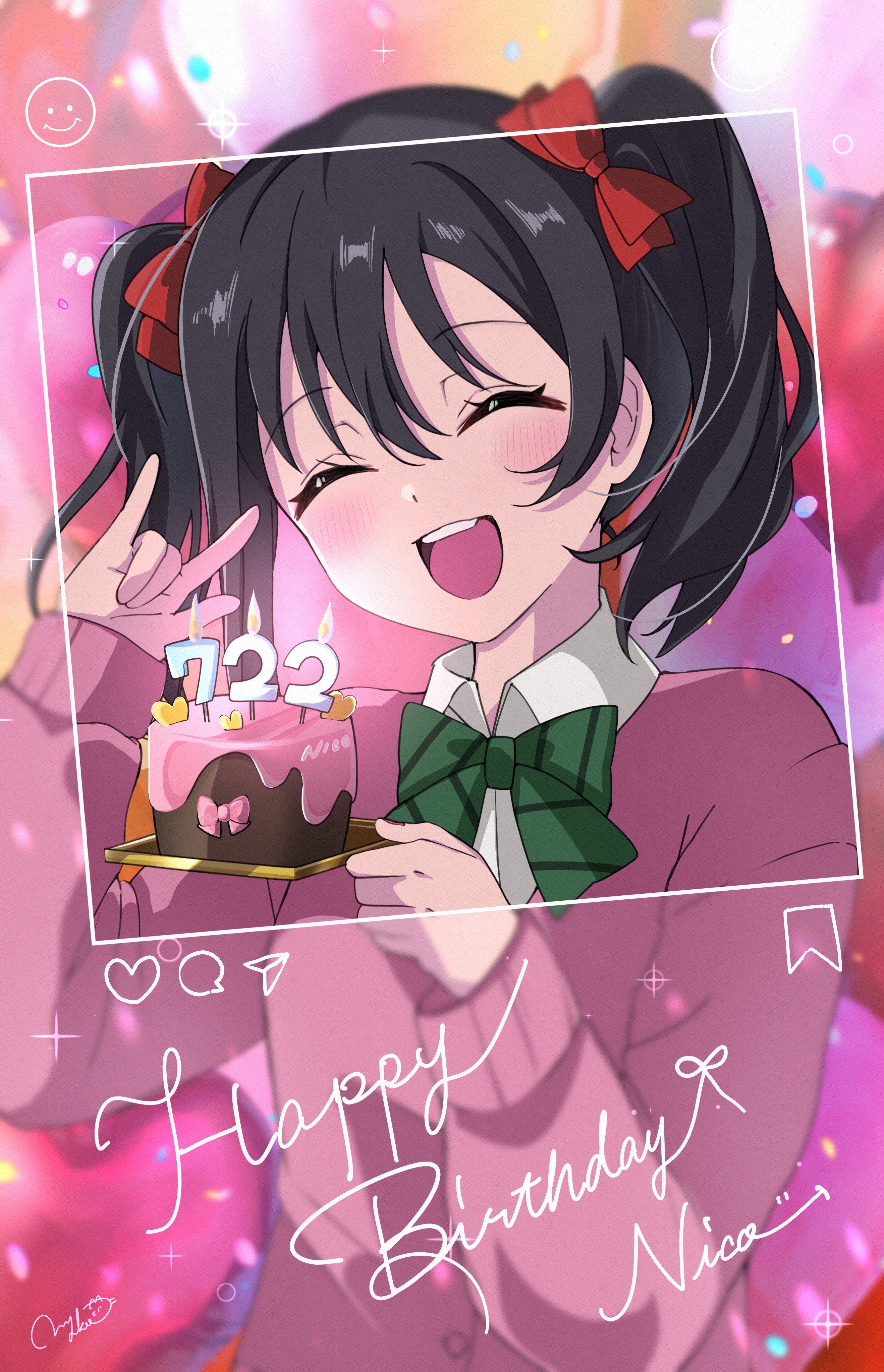 1girl \m/ ^_^ absurdres black_hair blush bow cake cardigan character_name closed_eyes collared_shirt commentary dated dress_shirt facing_viewer food hair_bow happy_birthday highres holding holding_plate long_sleeves love_live! love_live!_school_idol_project medium_hair nyako_(utaneko31) open_mouth otonokizaka_school_uniform pink_cardigan plate red_bow school_uniform shirt signature sleeves_past_wrists smile solo teeth twintails upper_body upper_teeth_only white_shirt winter_uniform yazawa_nico
