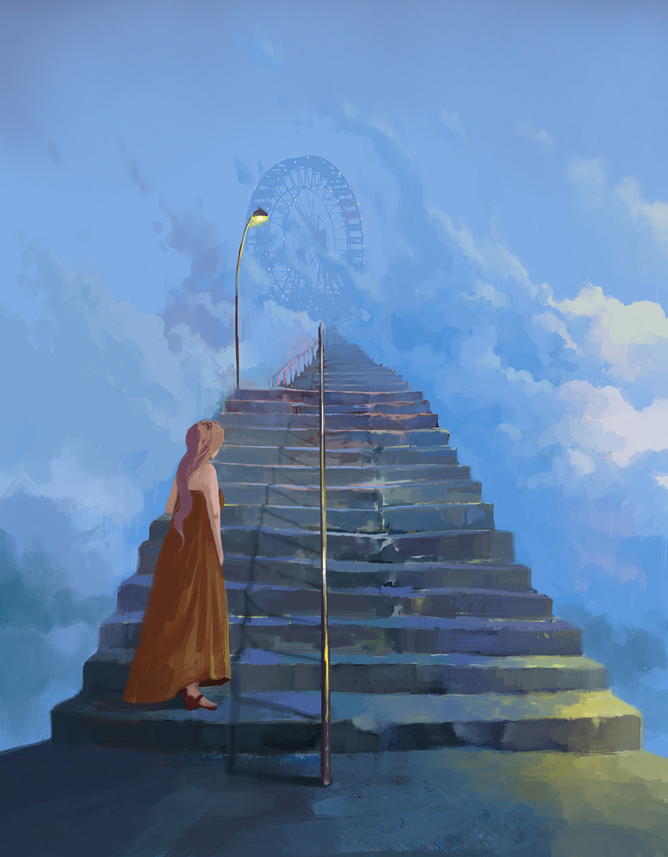 1girl black_background blue_sky cloud cloudy_sky ferris_wheel highres lamppost on_stairs original painting_(medium) railing shadow sky slow_d solo stairs traditional_media